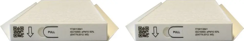 Weißes Luftfilter-Set von Bosch mit QR-Code und der Aufschrift "PULL" auf der Seite. Eindeutige Hinweise zur Nutzung und Pflege sind aufgedruckt.